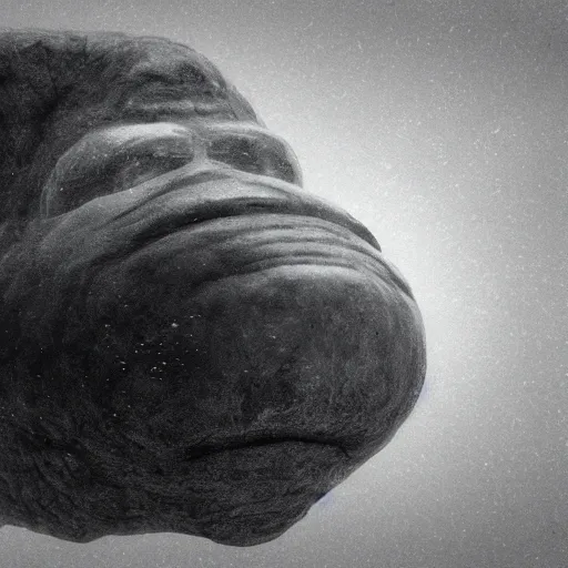 Image similar to a gigantic cyclope emerging from underwater, gazing to the darkened sky, old 3 5 mm, black and white, photorealistic