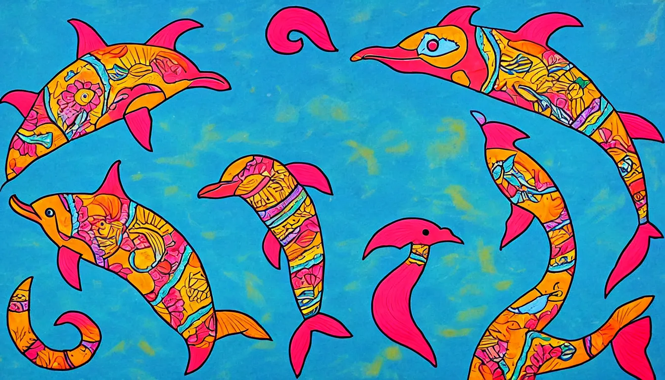 Prompt: a dolphin in the style of mexican folk art