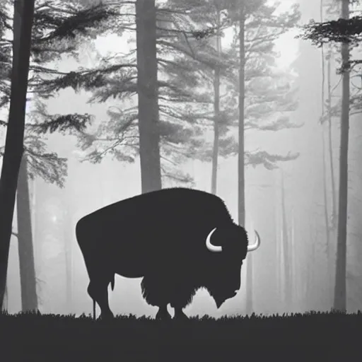 Prompt: a colossal bison in the clearing of a foreboding, misty forest. silhouette.