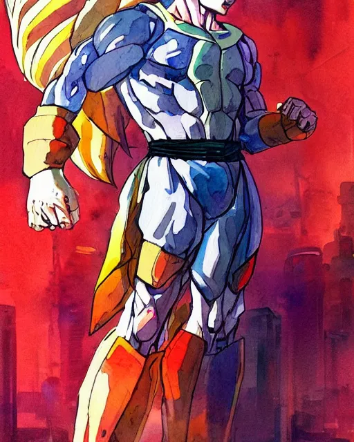 Prompt: a watercolor painting full body character portrait of a super saiyan superhero in the style of moebius in the style of cyberpunk trending on artstation deviantart pinterest detailed realistic hd 8 k high resolution