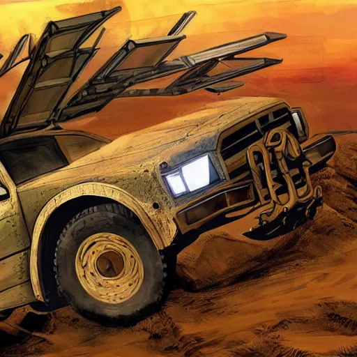 Prompt: truck velociraptor in the style of mad max and star wars, futuristic, dramatic lighting, intricate photorealism, high detail, many exotic high end features