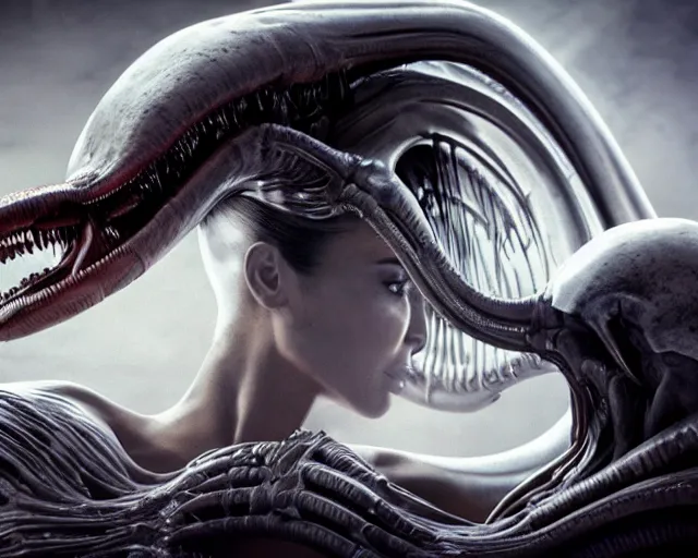 Image similar to cinematic still of kim kardashian being mouth fed by an xenomorph feeding her a transparent alien liquid, wet flowing hair, gooey skin, illustration, unreal engine 5, 8 k, directed by h. r. giger.