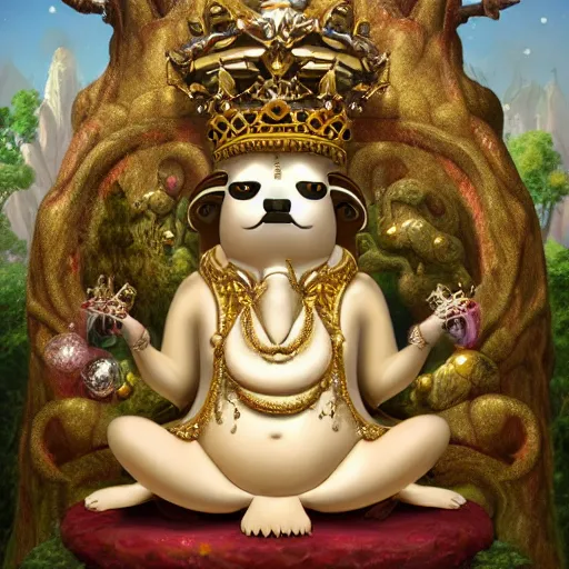 Prompt: Sloth deity, fat figure,Cute, elegant, furry, white, gold, warm, wearing a crown, bracelets and necklaces, red carpet, figure, realistic, hair detailing, background is heavenly,wonderland at night, The light in the deep forest full of mythical creatures of the picture, according to European art, Golden Sacred Tree, Golden Apple, Flower Garden,Hyper realistic render. Den noise. Volumetric Lighting. Dynamitc Lighting. Unreal Engine. octane. Hyper Cinematic lighting