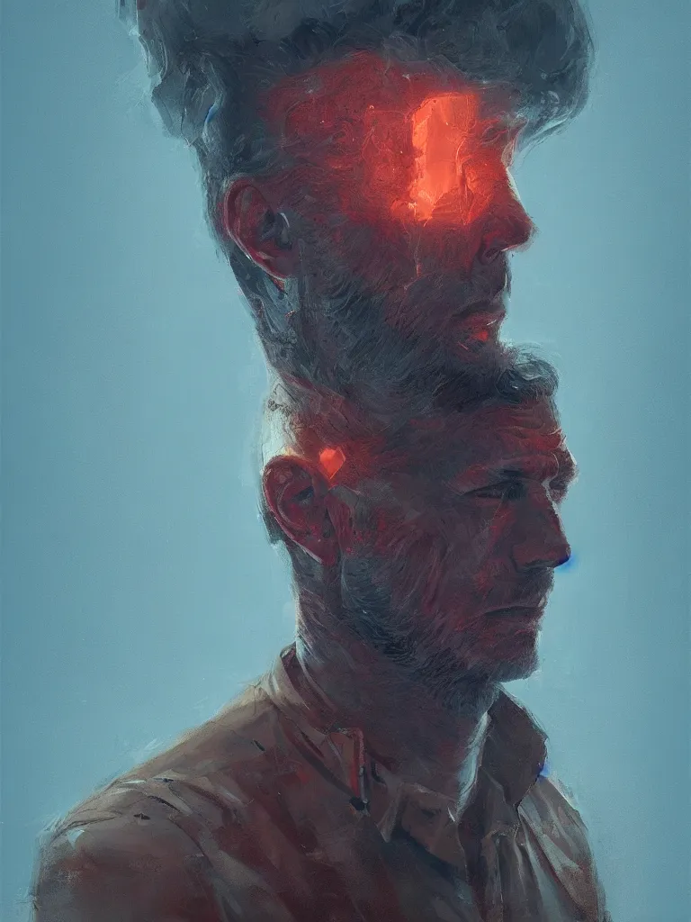 Image similar to a portrait of a man whose head explodes in a painting from stalenhag, 4 k, 8 k, hdr, artstation, concept art