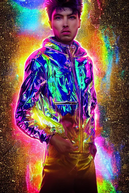 Image similar to hyper detailed ultra sharp portrait of baroque and bladerunner delicate neon sapphire sculpture of seductive onyx prince royce tigers rainbowiridescent humanoid deity wearing metallic hoody made out of leaves holding the sun prismatic dungeon, glowing rainbow face, crown of white diamonds, cinematic lighting, photorealistic, octane render 8 k depth of field 3 d