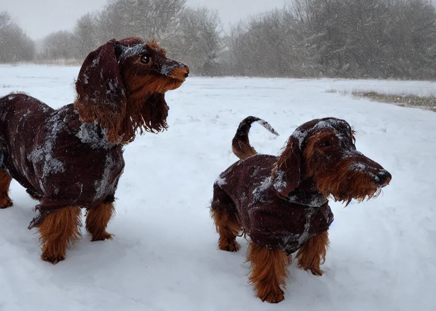 Image similar to Giant prehistoric woolly dachshund, in the middle of a snow storm