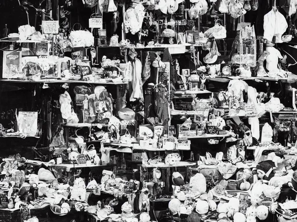 Image similar to a photograph of a market stall, every item is an exploding head. effortless beauty in the style of man ray