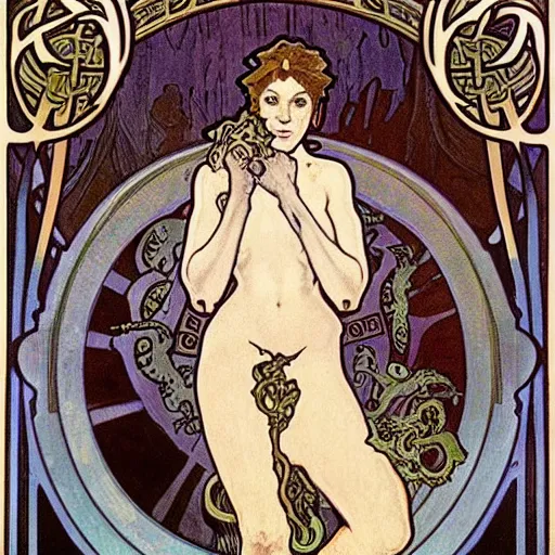 Image similar to lovecraftian protagonist by alphonse mucha