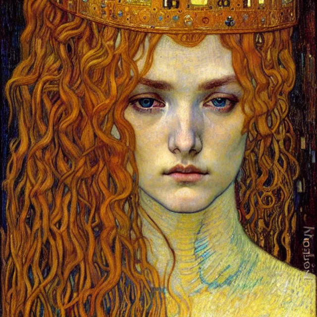 Image similar to detailed realistic beautiful young medieval queen face portrait by jean delville, gustav klimt and vincent van gogh, art nouveau, symbolist, visionary, gothic, pre - raphaelite, muted earthy colors, desaturated