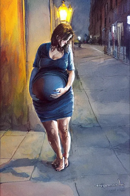 Prompt: pregnant woman under street light by Irina French