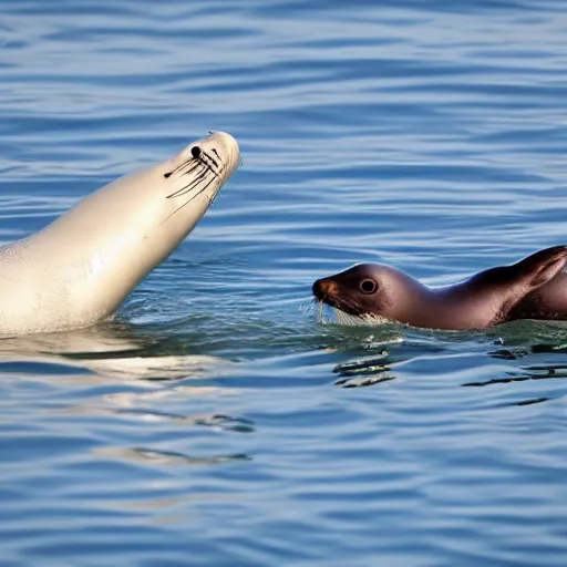 Prompt: a seal swimming at the surface of water with a seagull standing on its back