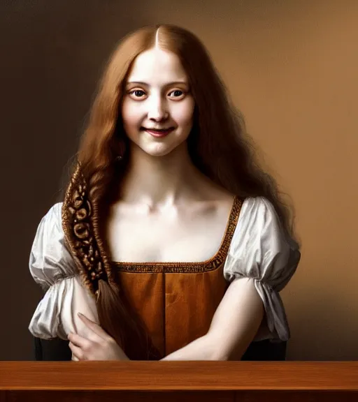 Image similar to portrait of a long - haired woman smiling as she is sitting upon a table with heightened detail, poised, intense emotion, detailed facial expression, detailed surroundings, intricate, elegant, highly detailed, centered, digital painting, artstation, concept art, smooth, sharp focus, illustration, by ( leonardo da vinci ), wlop