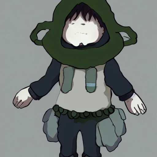 Prompt: little boy wearing sheep suit. white, gray, blue, green and brown pallet color. made in abyss art style, inspired in kris from deltarrune, cute detailed artwork, anatomically proportional