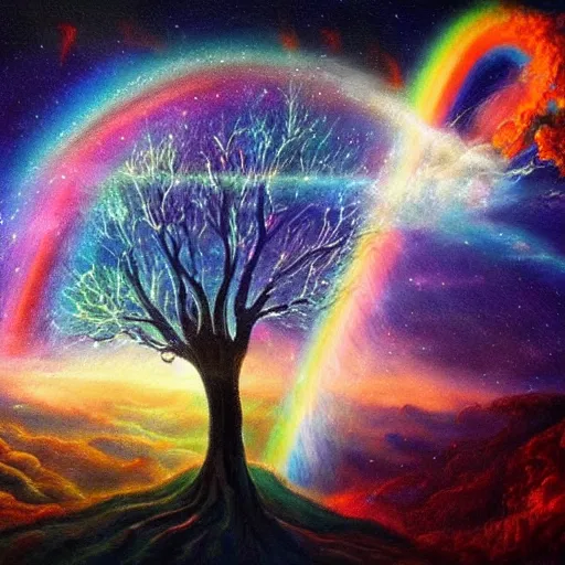 Prompt: the ghost of the world tree radiates rainbow light into the dark cosmos, epic painting, romanticism, atmospherics