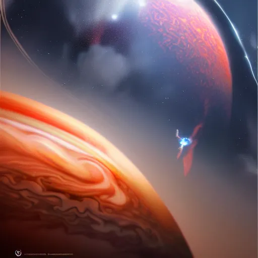 Image similar to burning astronaut falling through the majestic clouds of jupiter, by cedric peyravernay and feng zhu, highly detailed, excellent composition, cinematic concept art, dramatic lighting, trending on artstation