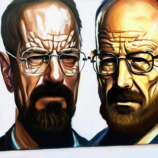 Image similar to walter white face to face with rick grimes, oil painting