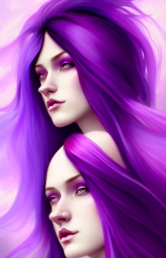 Image similar to Purple hair relistic Portrait of a woman with bright colored flying hair, all shades of purple. Hair coloring, long hair, blue eyes, fantasy, intricate, elegant, highly detailed, digital painting, artstation, concept art, smooth, sharp focus, illustration, art by artgerm and greg rutkowski and alphonse mucha