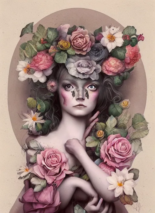 Image similar to pop surrealism, lowbrow art, realistic cute flowers painting, hyper realism, muted colours, rococo, natalie shau, loreta lux, tom bagshaw, mark ryden, trevor brown style,