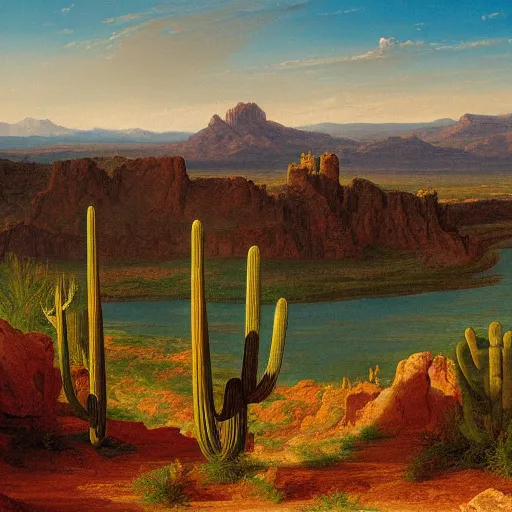 Image similar to A grand scale painting of a desert landscape with saguaro cacti and the Rio grande river, In the style of Thomas Cole, Ultra detailed, 4k resolution,