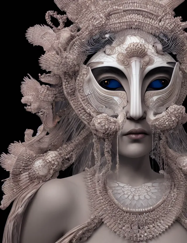 Image similar to 3 d goddess close - up frontal portrait with cow skull. beautiful intricately detailed japanese crow kitsune mask and clasical japanese kimono. betta fish, jellyfish phoenix, bio luminescent, translucent, plasma, ice, water, wind, creature, artwork by tooth wu and wlop and beeple and greg rutkowski. vray. behance. 8 k