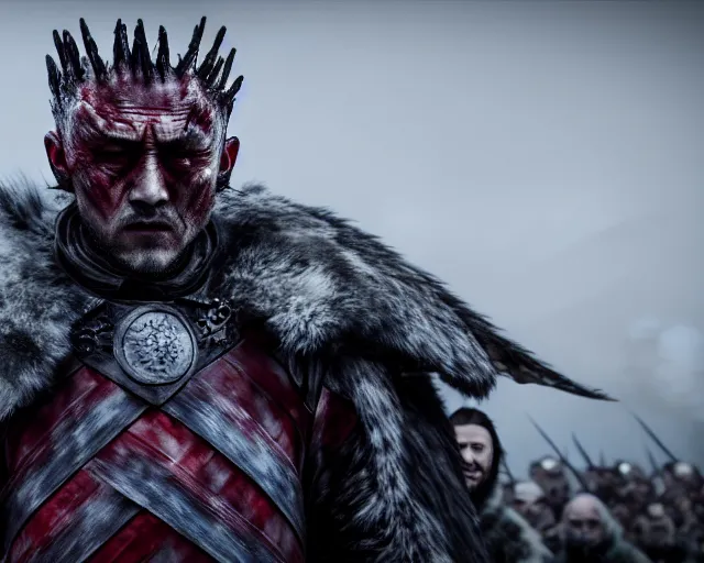 Prompt: justin sun as night king in game of thrones attacked by huge crimson - black bee army, 4 k, epic, cinematic, focus, movie still, fantasy, extreme detail, atmospheric, dark colour, sharp focus