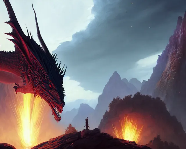 Prompt: highly detailed portrait of red dragon, in dragon age : inquisition, stephen bliss, unreal engine, fantasy art by greg rutkowski, loish, rhads, ferdinand knab, makoto shinkai and lois van baarle, ilya kuvshinov, rossdraws, tom bagshaw, global illumination, radiant light, detailed and intricate environment