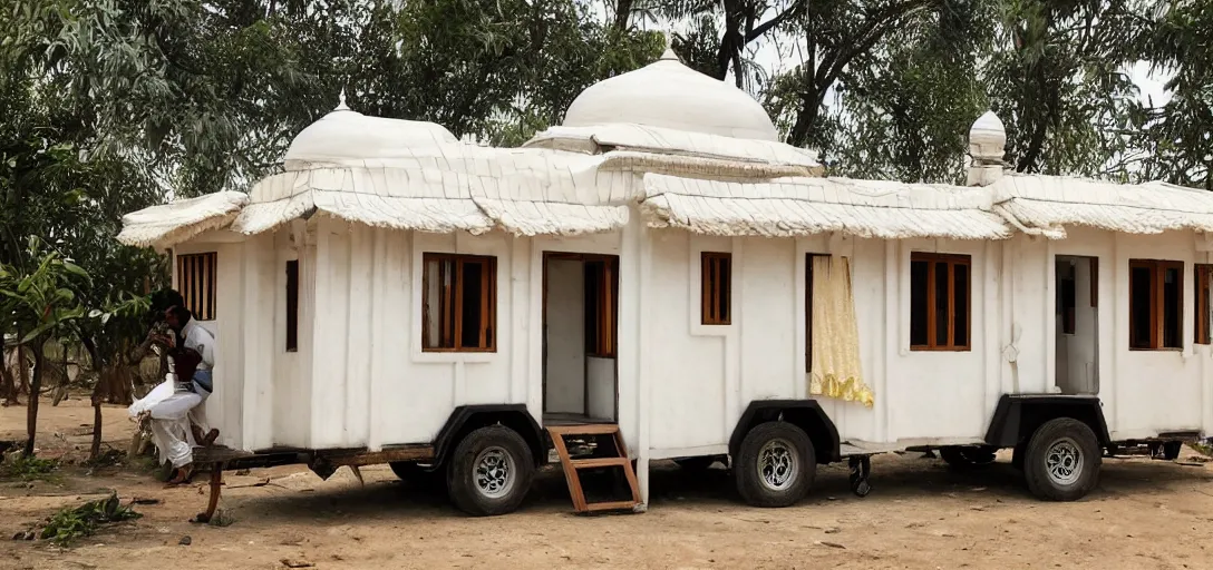 Image similar to mughal - style white ivory tiny home on trailer with minarets in cyberpunk india