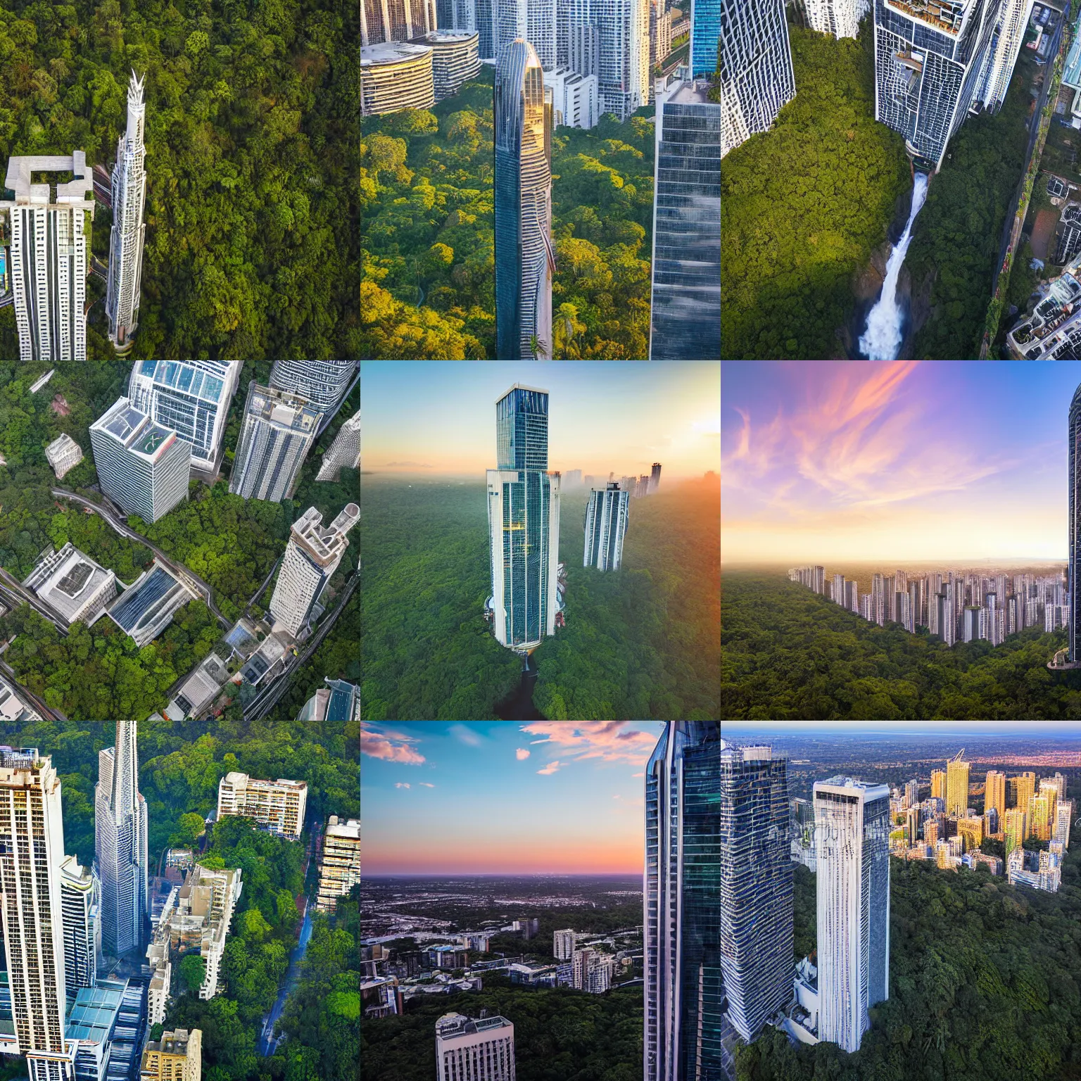 Prompt: aerial photograph of skyscraper, the building is a skyscraper, waterfall running down the skyscraper, jungle in background, city in a jungle, photograph, urban, soft light, sunset