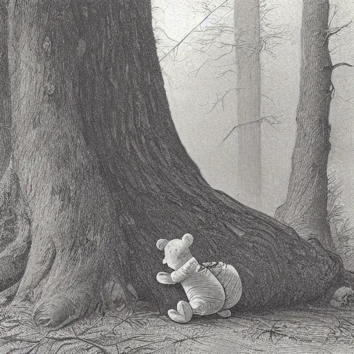 Image similar to highly detailed portrait of winnie the pooh ((winnie the pooh)) near a giant fallen sequoia tree. Fog. Painting by Caspar David Friedrich,Caravaggio, 4k, sepia tone