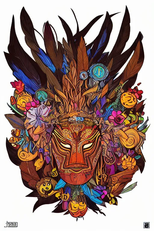 Image similar to animal mask totem roots flower tribal feather gemstone plant wood rock shaman vodoo video game vector cutout illustration vivid multicolor borderlands comics by josan gonzales and dan mumford radiating a glowing aura