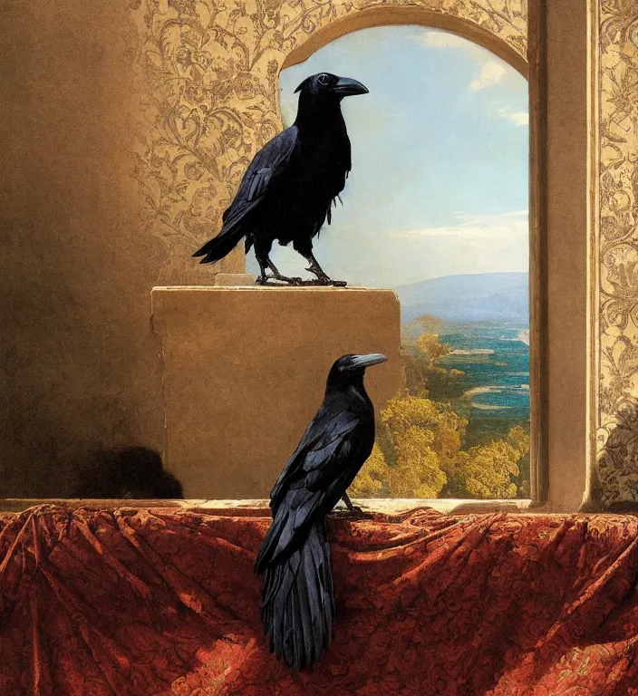 Image similar to a beautifully photoreal clear detailed victorian portrait of a close up raven on a victorian windowsill with an ornate velvet teal curtain at beautiful sunset daytime nature sunlit painting by frederic leighton and turner and rosetti, 8 k, octane render