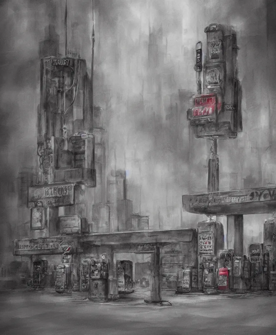 Image similar to charcoal concept art illustration dusty gas station urban city grunge dirty matte painting red