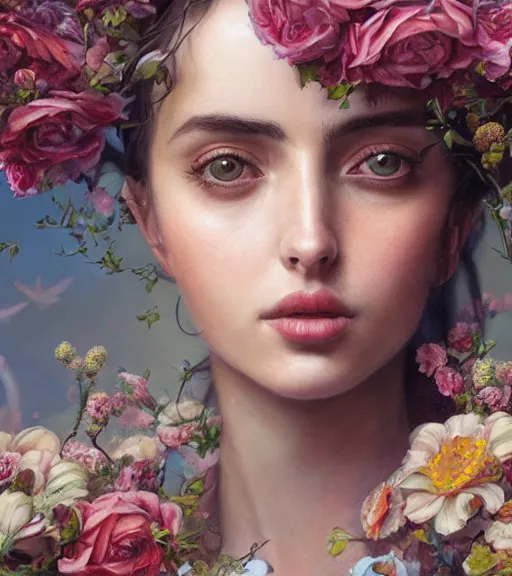 Image similar to portrait of ana de armas, surrounded by flowers by karol bak, james jean, tom bagshaw, rococo, trending on artstation, cinematic lighting, hyper realism, octane render, 8 k, hyper detailed