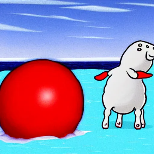 Prompt: cartoon drawing of a seal tossing a red ball with a white lamb in antarctica. the seal's head is sticking out above the water and the sheep is standing near the edge of ice