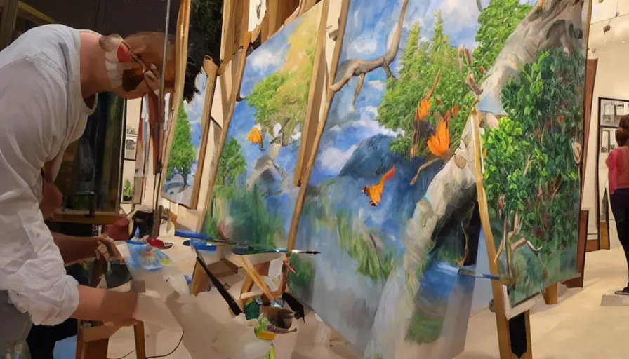 Image similar to art gallery full of humanoid robots painting nature scenes on canvases