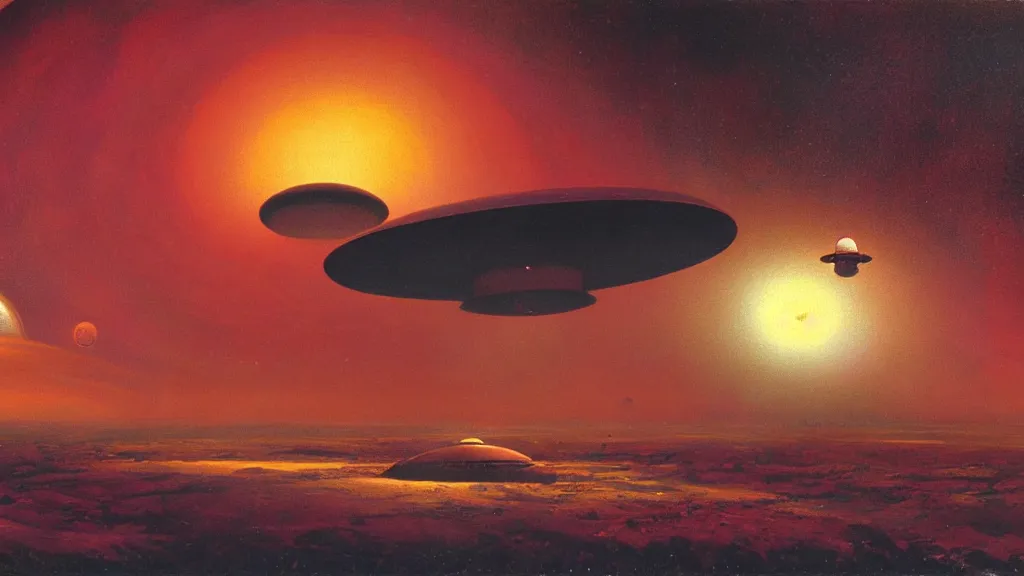 Image similar to flying saucer design by paul lehr and john schoenherr, cinematic matte painting