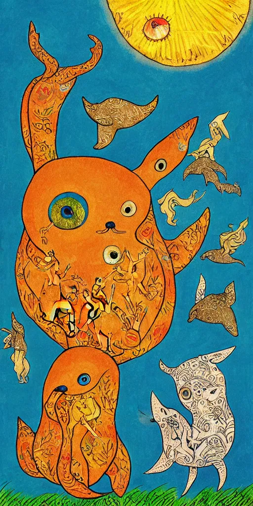 Image similar to tiny golden deer glowing eyes and sun ray mane and singing dolphins, children's book illustration, traditional folk art style, gouache on paper, outsider art, David Palladini, Hisako Aoki, tarot card, Henry Darger, Louis Wain