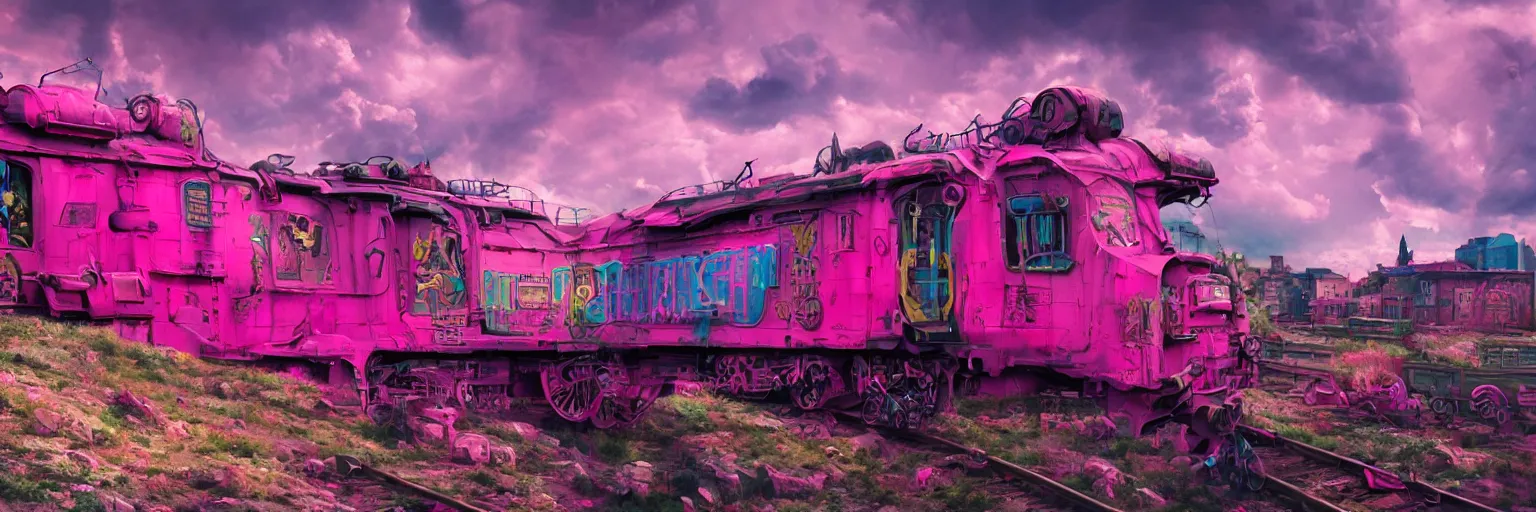 Prompt: pink, close - up train, space, dog, run, pirate neon ship with punks on board, mohawks, neon, oil painting, rich deep colors masterpiece, ultra detailed, contrast, heaven pink, lots of roman arches, clouds, sky, volumetric light, atmospheric lighting, dramatic, cinematic, moody, octane render 4 k, 8 k