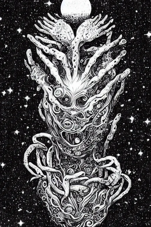 Image similar to black and white illustration, creative design, body horror, cosmic monster