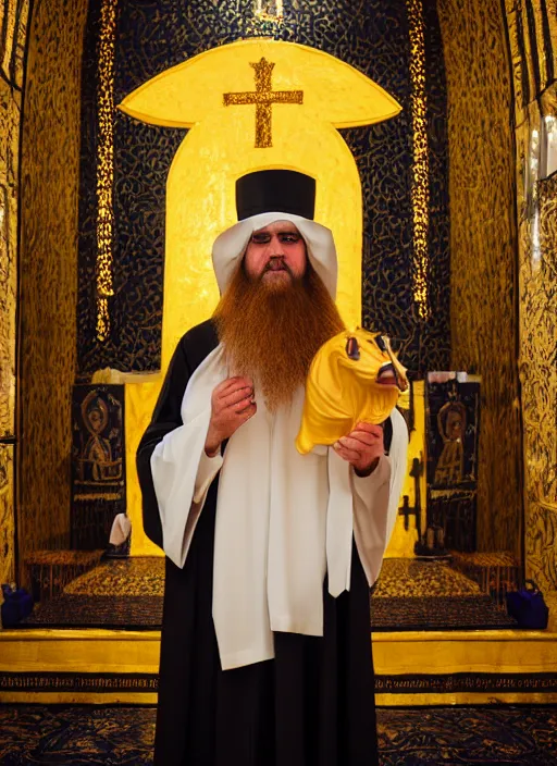 Image similar to orthodox priest in golden clothes with cute caracal head, wearing vr, in orthodox church, orthodox icons, volumetric lighting, night, darkness, atmospheric, ambients, dramatic, noir, blur, bokeh, cinematic, depth of field, 8 0 mm, f 1. 8