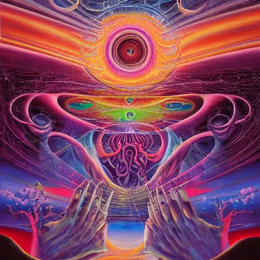 Prompt: expressive intense oil paintinf of the silver serenade connects to the laced transmission symphony of the celestial psylocibin by ron of the moonlight forest by alex grey, ron walotsky and paul lehr