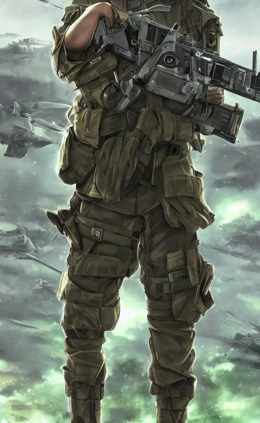 Image similar to girl, trading card front, future soldier clothing, future combat gear, realistic anatomy, concept art, professional, by ufotable anime studio, green screen, volumetric lights, stunning, military camp in the background, metal hard surfaces, focus on generate the face, strafing attack plane