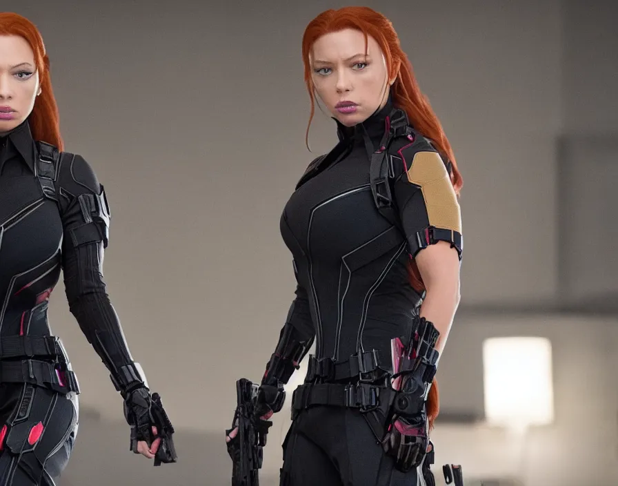 Prompt: movie still of lindsey pelas as black widow, directed by russo brothers, 4 k hd, oscar winning, high detail