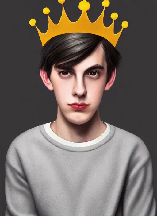 Image similar to portrait of teenage jughead jones wearing a light grey crown, photorealistic, crown, sweater with letter s on it, hamburger, eyes closed, crown, black hair, intricate, elegant, glowing lights, highly detailed, digital painting, artstation, concept art, smooth, sharp focus, illustration, art by wlop, mars ravelo and greg rutkowski