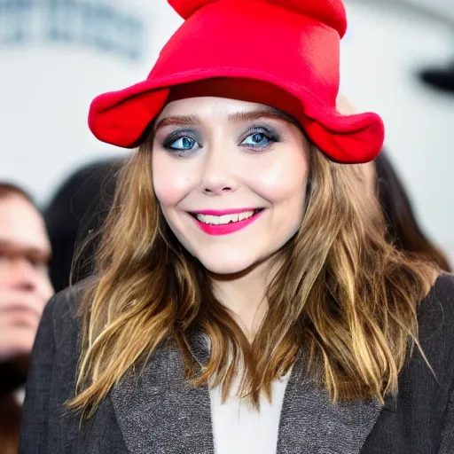 Prompt: elizabeth olsen with mario hat, 40 mm, 1/100 sec, f/2.8, ISO 800”