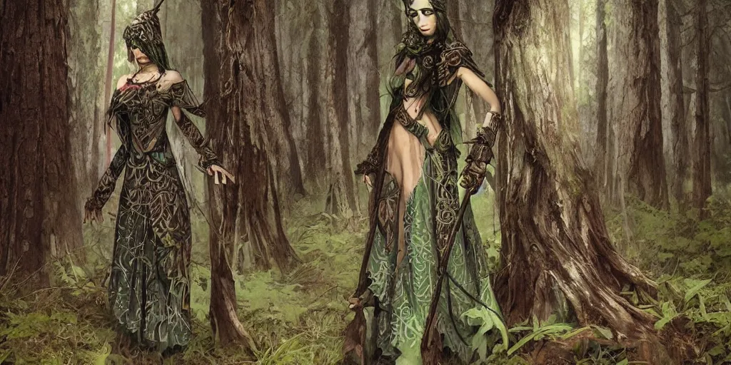 Prompt: standing alone in the forest a medieval forest shaman female, wicca symbols dnd, green patterned clothes with stitched magical symbols, by bayard wu