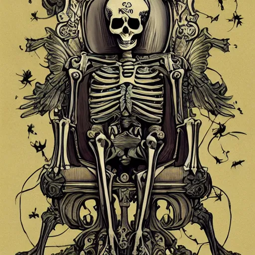 Image similar to a painting of a skeleton sitting on a throne, poster art by James Jean, behance contest winner, gothic art, tarot card, apocalypse art, behance hd