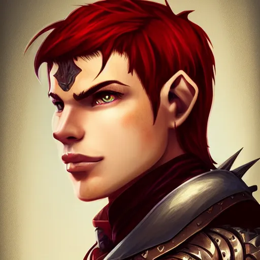 Image similar to character portrait, D&D, male half-elf, artificer, short red hair shaved on sides, white jacketed, half-plate armor, artstation, ultra detailed, in the style of terese nielsen