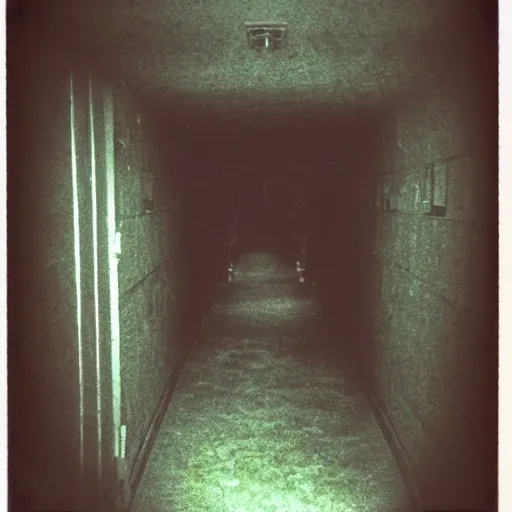 Image similar to a terrifying fungus monster at the end of a hallway, dark!, creepy, nightmare fuel!!!, horror, horrifying, unsettling, uncanny valley!, old polaroid, expired film,