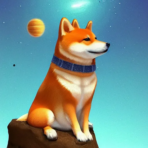 Image similar to A Shiba inu monk sits on a flying rock and travels through the universe , Artstation